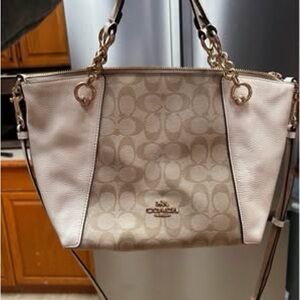 Coach Kacey Two-Tone Signature Canvas Shoulder Bag in Beige and Light cream
